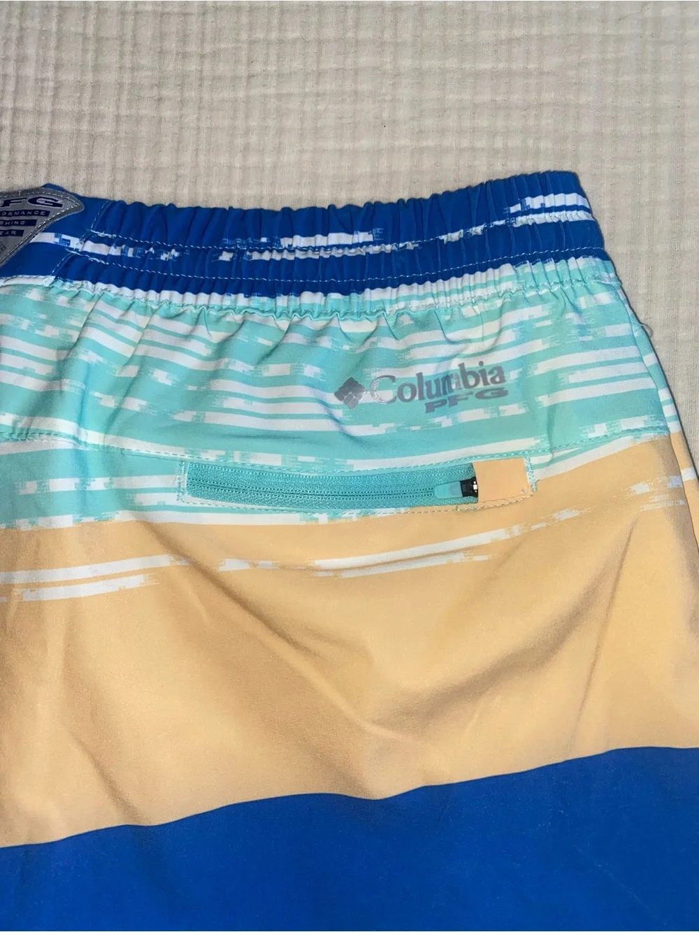 Columbia PFG Men’s M 6” Swim Trunks Blue Aqua Tan Striped